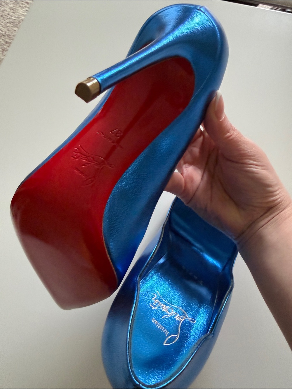 Christian Louboutin Electric Blue Satin Scalloped-Edge Stilettos - Picture 4 of 4